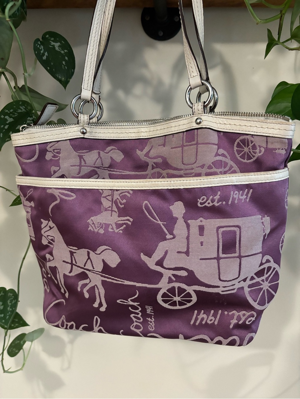 Coach Purple Signature Carriage Tote with White Trim